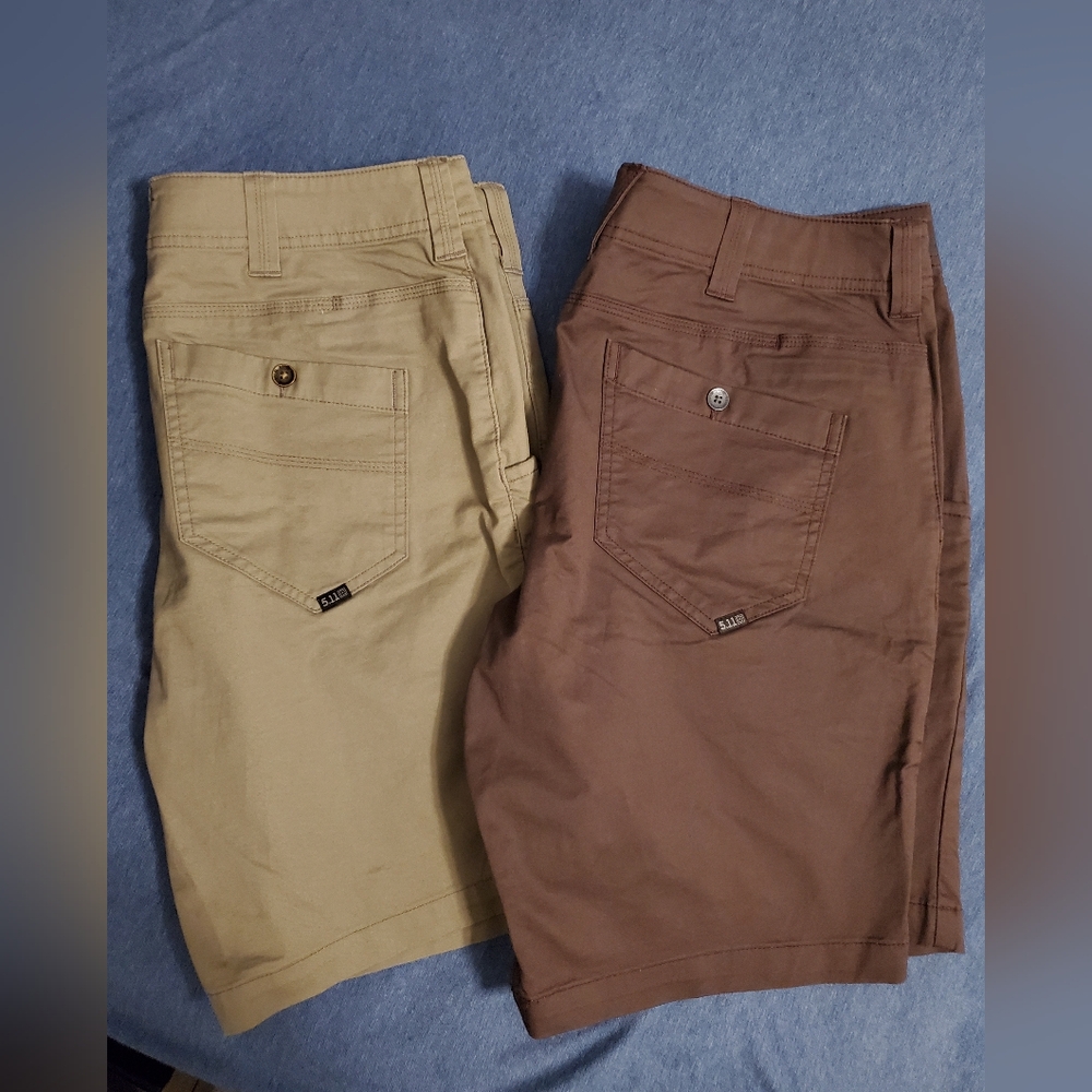 2 Pairs Men's 5.11 Tactical Shorts, Size 34, Khaki and Brown. Near New Cond.